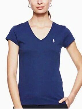 Polo Ralph Lauren White Logo Women's Navy V-Neck 100% Cotton T-Shirt Size XL